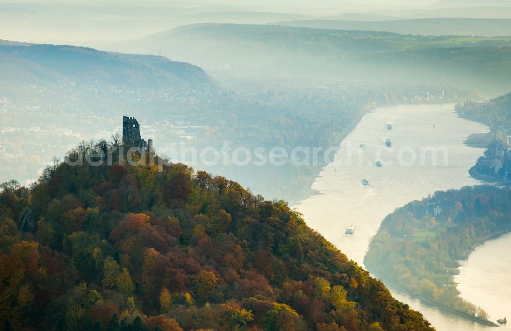 Aerial image Königswinter - Ruins and vestiges of the former castle and fortress Drachenfels in Koenigswinter in the state North Rhine-Westphalia