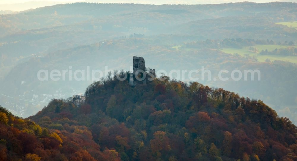 Königswinter from above - Ruins and vestiges of the former castle and fortress Drachenfels in Koenigswinter in the state North Rhine-Westphalia