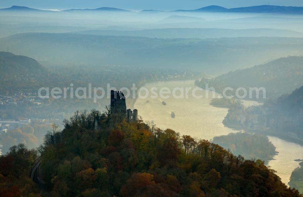 Königswinter from the bird's eye view: Ruins and vestiges of the former castle and fortress Drachenfels in Koenigswinter in the state North Rhine-Westphalia