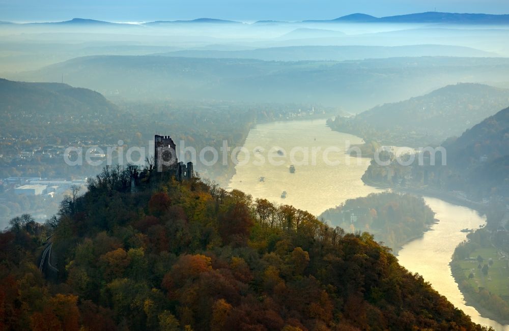 Aerial image Königswinter - Ruins and vestiges of the former castle and fortress Drachenfels in Koenigswinter in the state North Rhine-Westphalia