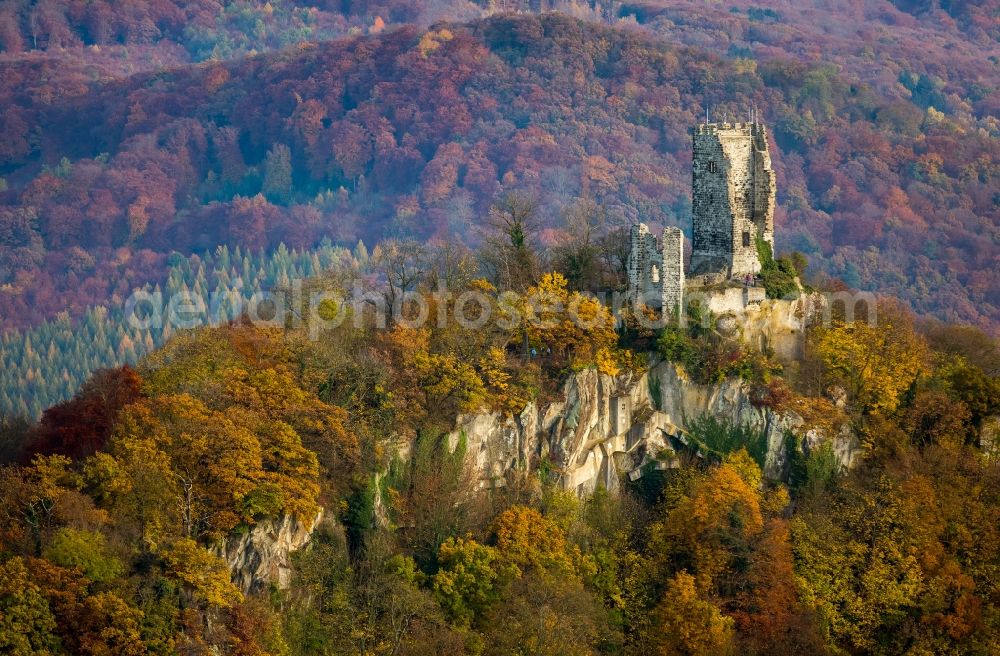 Königswinter from above - Ruins and vestiges of the former castle and fortress Drachenfels in Koenigswinter in the state North Rhine-Westphalia