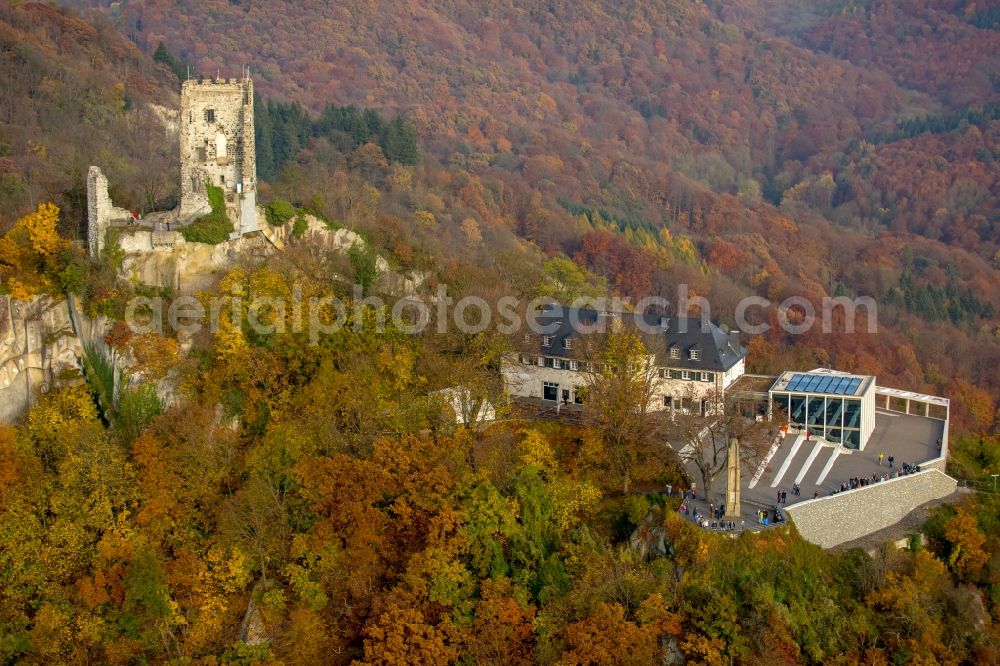 Königswinter from above - Ruins and vestiges of the former castle and fortress Drachenfels in Koenigswinter in the state North Rhine-Westphalia