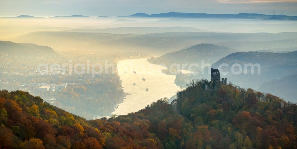 Königswinter from above - Ruins and vestiges of the former castle and fortress Drachenfels in Koenigswinter in the state North Rhine-Westphalia