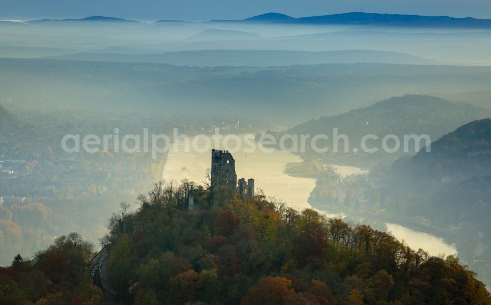 Königswinter from the bird's eye view: Ruins and vestiges of the former castle and fortress Drachenfels in Koenigswinter in the state North Rhine-Westphalia