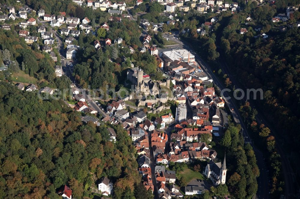 Eppstein from the bird's eye view: Ruins and vestiges of the former castle and fortress in Eppstein in the state Hesse