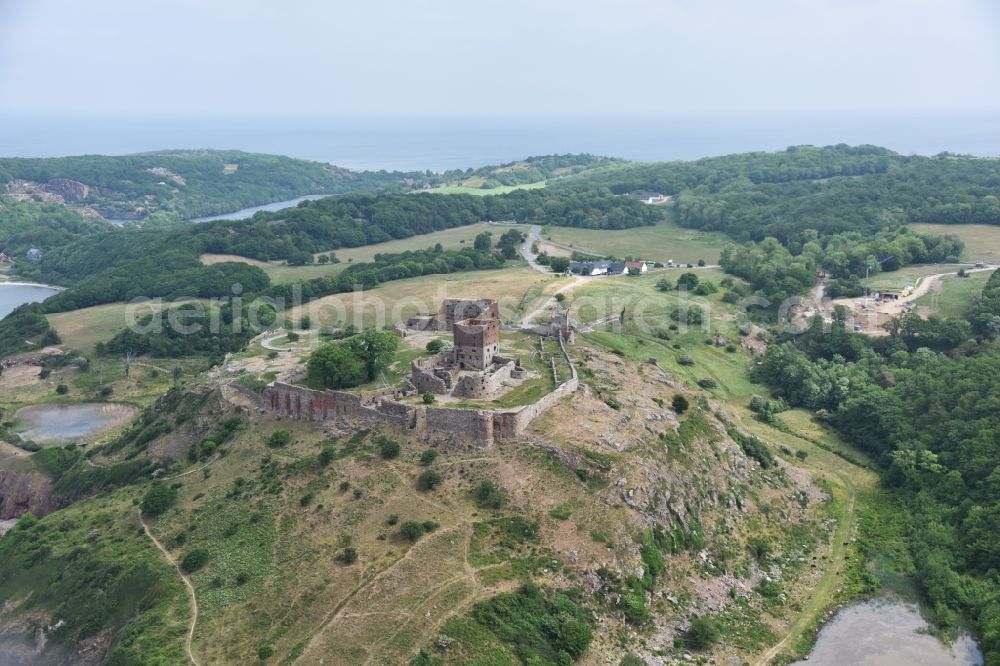 Aerial image Allinge - Ruins and vestiges of the former castle and fortress Hammerhus in Allinge in Region Hovedstaden, Denmark