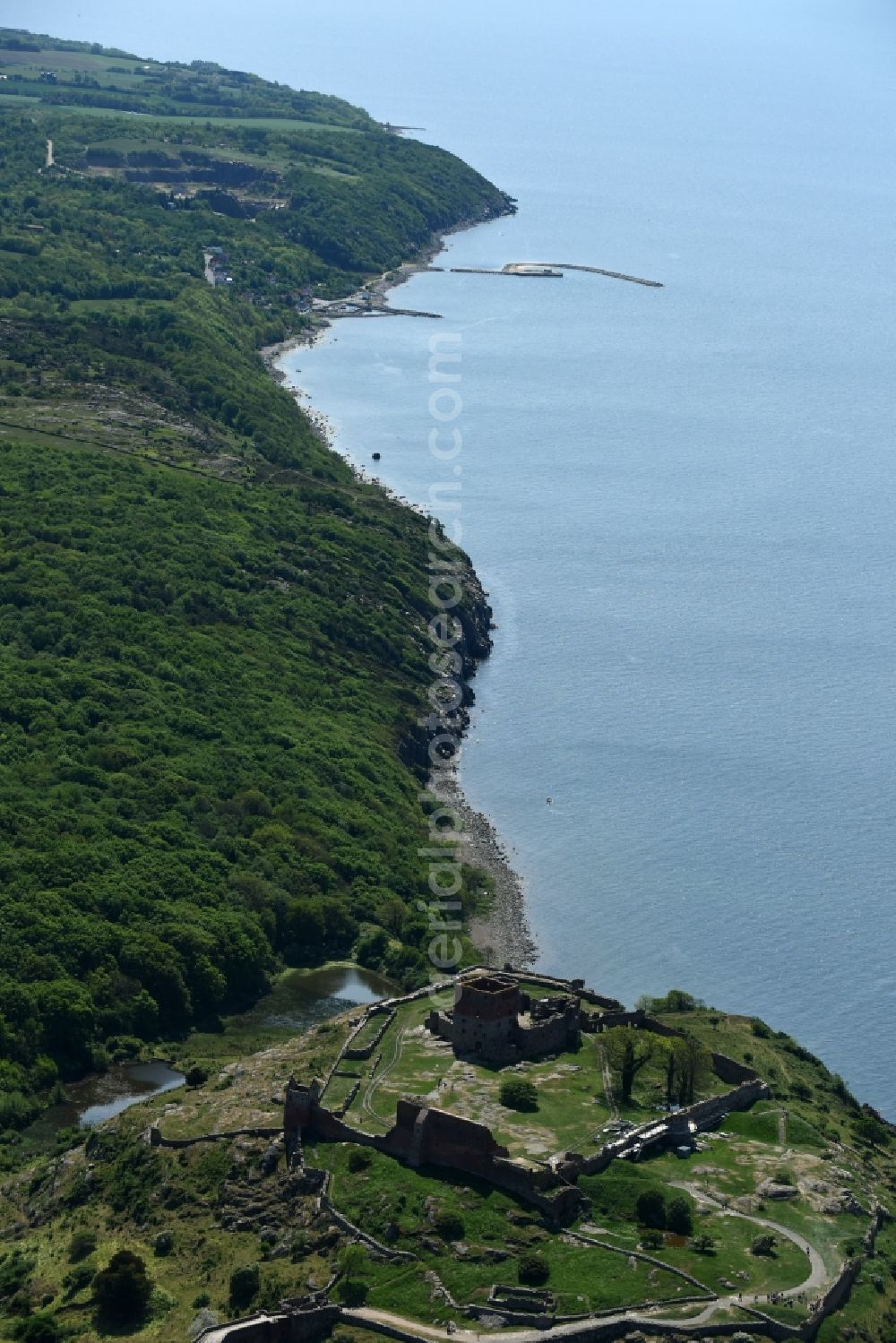 Allinge from above - Ruins and vestiges of the former castle and fortress Hammershus Slotsruine on Bornholm Island in Allinge in Region Hovedstaden, Denmark