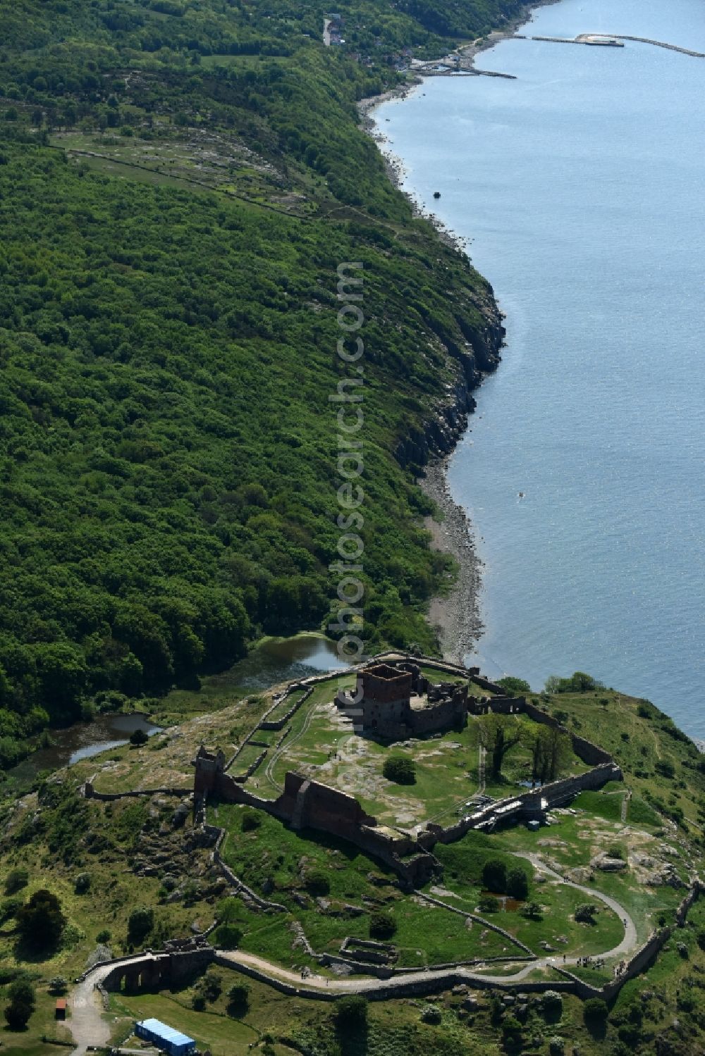 Aerial image Allinge - Ruins and vestiges of the former castle and fortress Hammershus Slotsruine on Bornholm Island in Allinge in Region Hovedstaden, Denmark