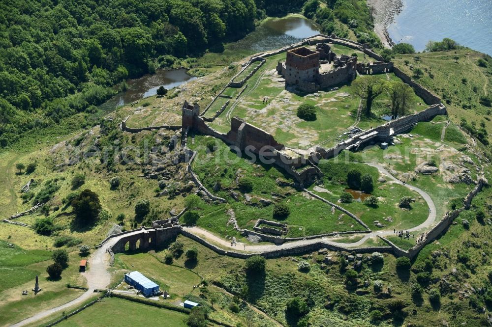 Allinge from above - Ruins and vestiges of the former castle and fortress Hammershus Slotsruine on Bornholm Island in Allinge in Region Hovedstaden, Denmark