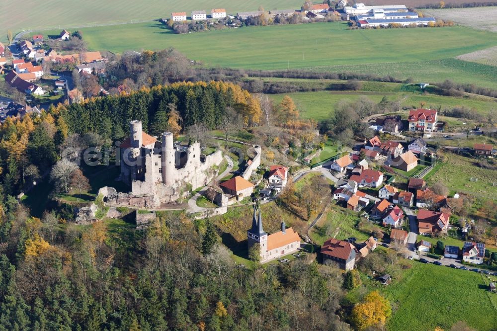 Bornhagen from above - Ruins and vestiges of the former castle Hanstein in Bornhagen in the state Thuringia