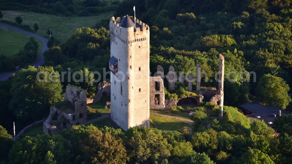 Aerial image Niederdürenbach - Ruins and vestiges of the former castle and fortress Olbrueck in Niederduerenbach in the state Rhineland-Palatinate, Germany