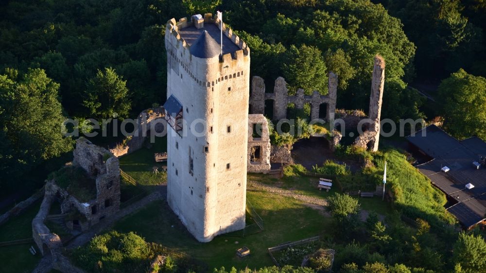 Niederdürenbach from above - Ruins and vestiges of the former castle and fortress Olbrueck in Niederduerenbach in the state Rhineland-Palatinate, Germany