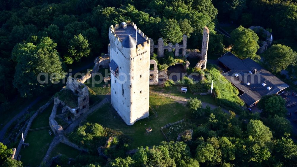 Aerial image Niederdürenbach - Ruins and vestiges of the former castle and fortress Olbrueck in Niederduerenbach in the state Rhineland-Palatinate, Germany