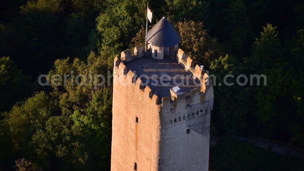 Niederdürenbach from above - Ruins and vestiges of the former castle and fortress Olbrueck in Niederduerenbach in the state Rhineland-Palatinate, Germany