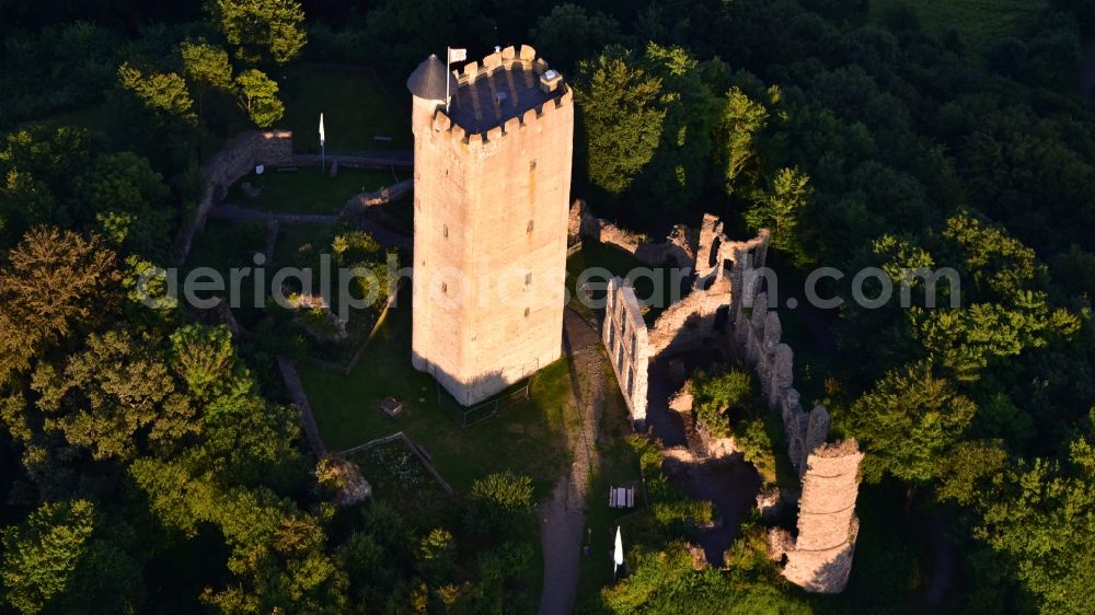 Niederdürenbach from above - Ruins and vestiges of the former castle and fortress Olbrueck in Niederduerenbach in the state Rhineland-Palatinate, Germany