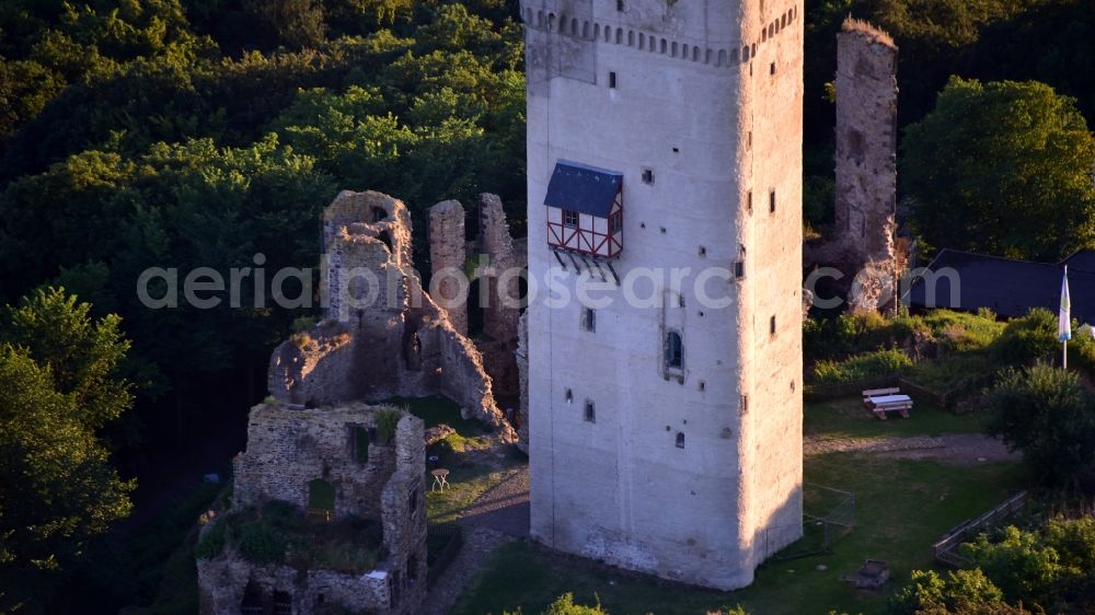 Aerial image Niederdürenbach - Ruins and vestiges of the former castle and fortress Olbrueck in Niederduerenbach in the state Rhineland-Palatinate, Germany