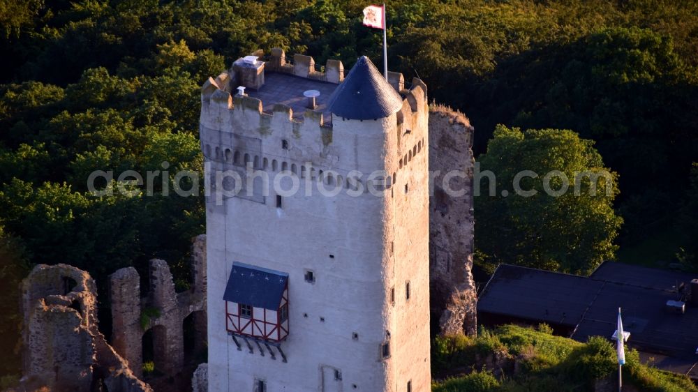 Niederdürenbach from above - Ruins and vestiges of the former castle and fortress Olbrueck in Niederduerenbach in the state Rhineland-Palatinate, Germany