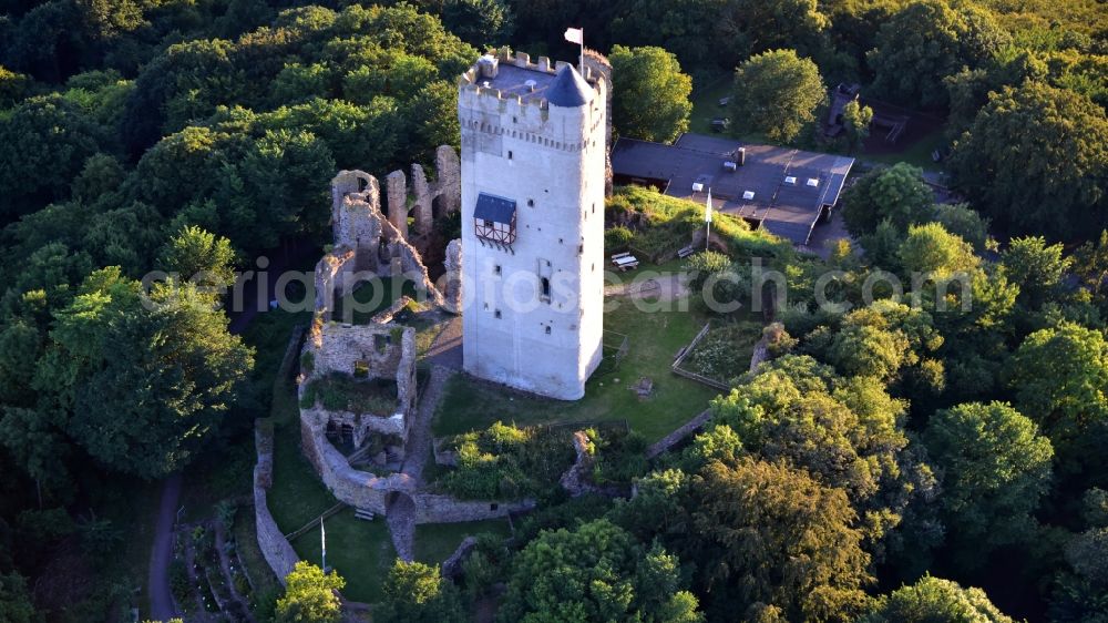 Aerial image Niederdürenbach - Ruins and vestiges of the former castle and fortress Olbrueck in Niederduerenbach in the state Rhineland-Palatinate, Germany