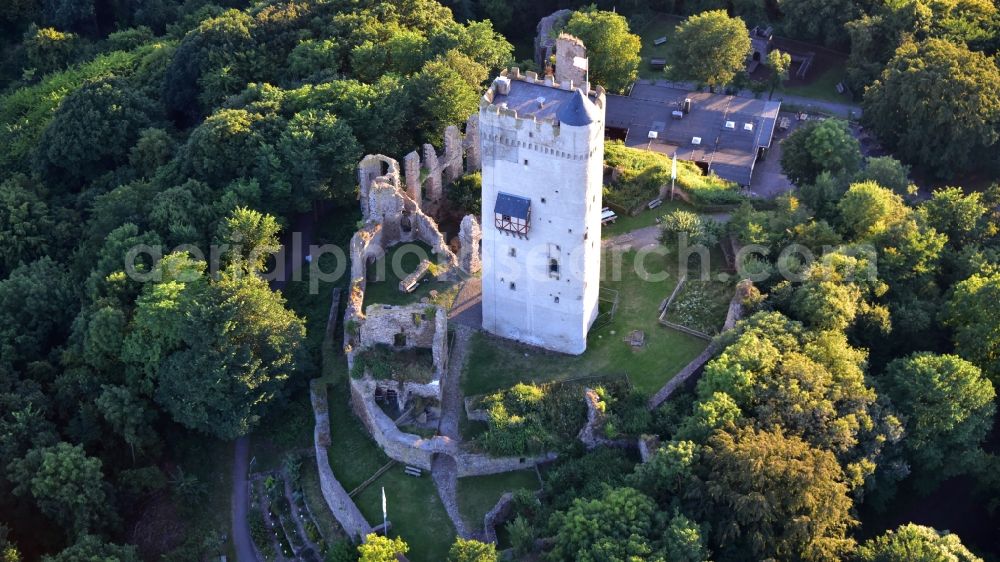 Niederdürenbach from above - Ruins and vestiges of the former castle and fortress Olbrueck in Niederduerenbach in the state Rhineland-Palatinate, Germany