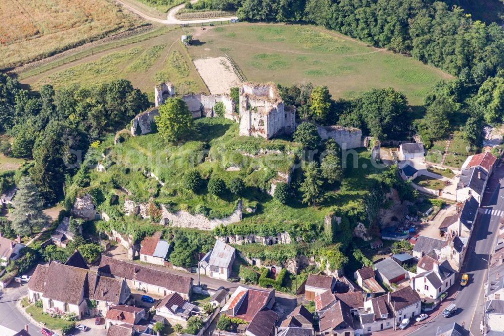 Aerial image Montoire-sur-le-Loir - Ruins and vestiges of the former castle and fortress of Montoire sur le Loir in Montoire-sur-le-Loir in Centre-Val de Loire, France