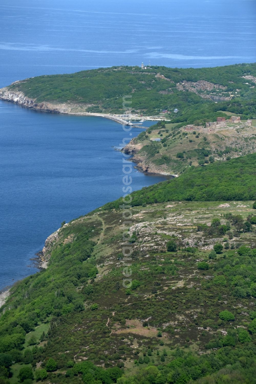 Allinge from above - Ruins and vestiges of the former castle and fortress Bornholm Island in Allinge in Region Hovedstaden, Denmark