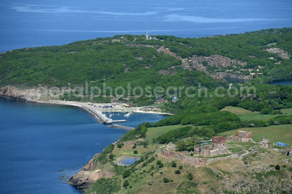 Allinge from the bird's eye view: Ruins and vestiges of the former castle and fortress Bornholm Island in Allinge in Region Hovedstaden, Denmark