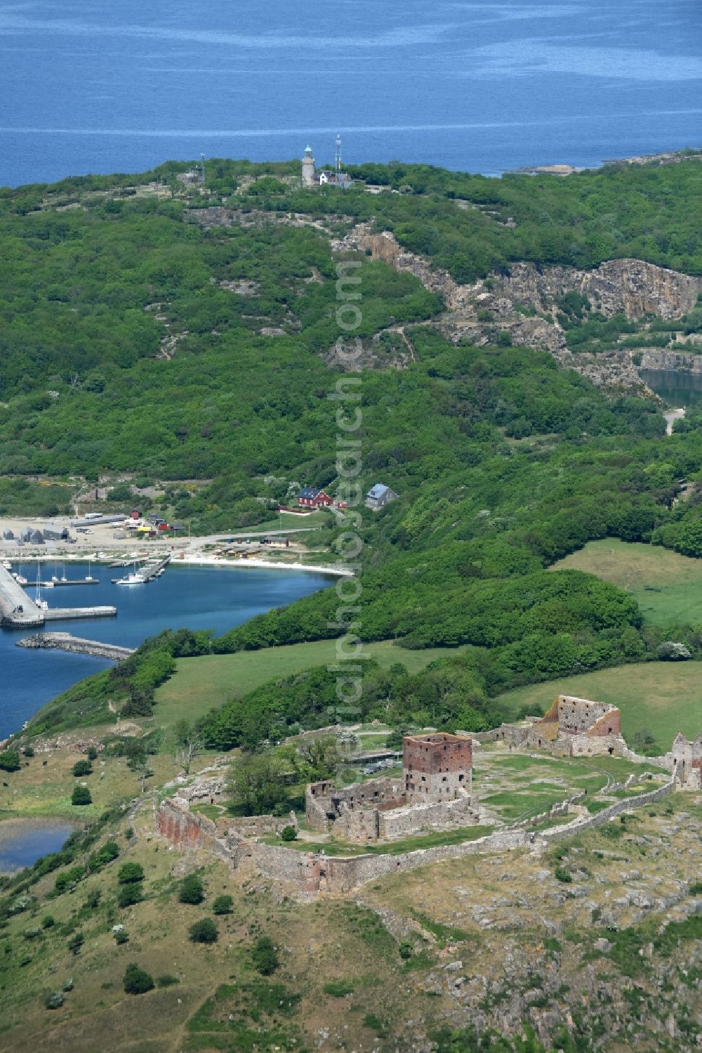 Allinge from above - Ruins and vestiges of the former castle and fortress Bornholm Island in Allinge in Region Hovedstaden, Denmark