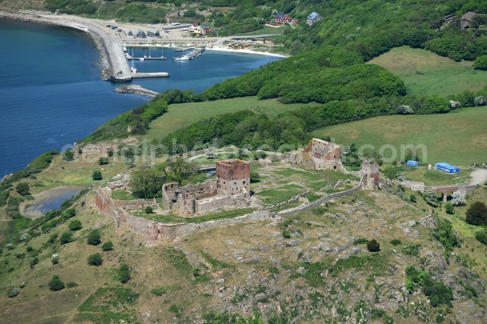 Aerial image Allinge - Ruins and vestiges of the former castle and fortress Bornholm Island in Allinge in Region Hovedstaden, Denmark