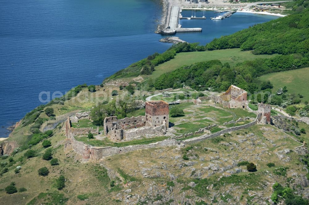 Allinge from above - Ruins and vestiges of the former castle and fortress Bornholm Island in Allinge in Region Hovedstaden, Denmark