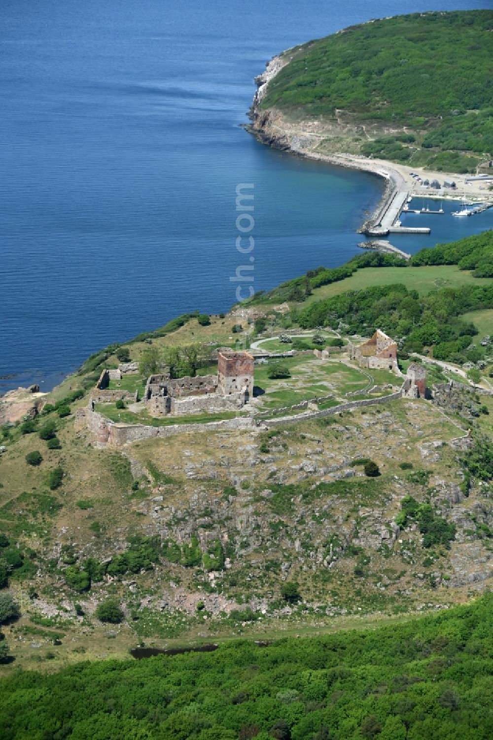 Aerial image Allinge - Ruins and vestiges of the former castle and fortress Bornholm Island in Allinge in Region Hovedstaden, Denmark