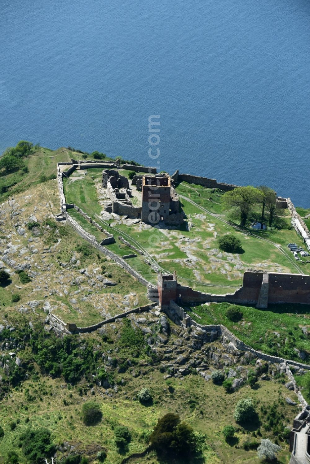 Allinge from above - Ruins and vestiges of the former castle and fortress Bornholm Island in Allinge in Region Hovedstaden, Denmark