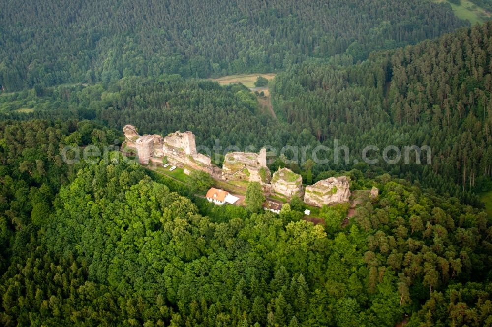 Dahn from above - Ruins and vestiges of the former castle and fortress Altdahn in Dahn in the state Rhineland-Palatinate