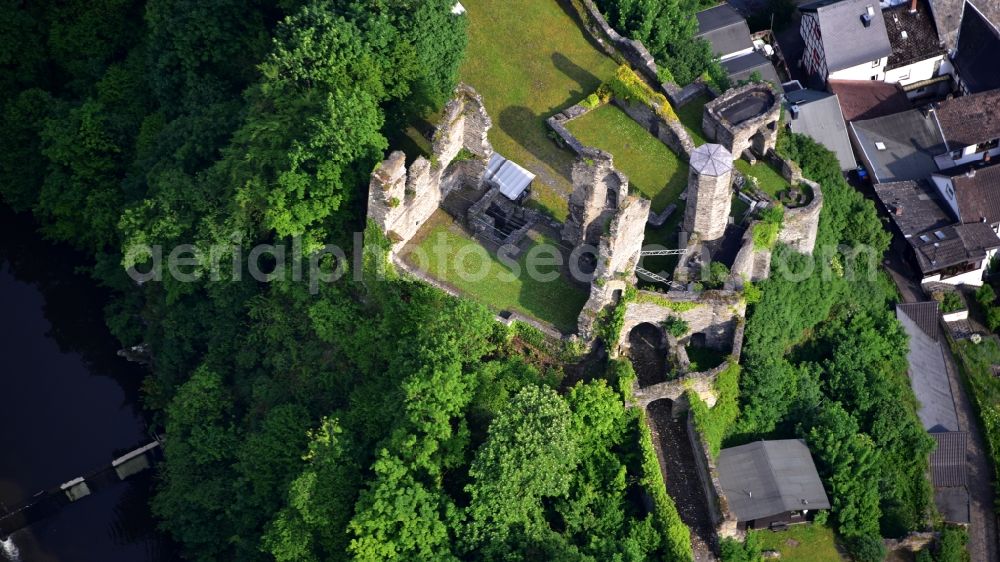 Altwied from above - Ruins and vestiges of the former castle and fortress in Altwied in the state Rhineland-Palatinate, Germany