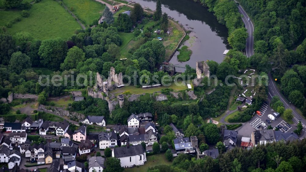 Altwied from the bird's eye view: Ruins and vestiges of the former castle and fortress in Altwied in the state Rhineland-Palatinate, Germany