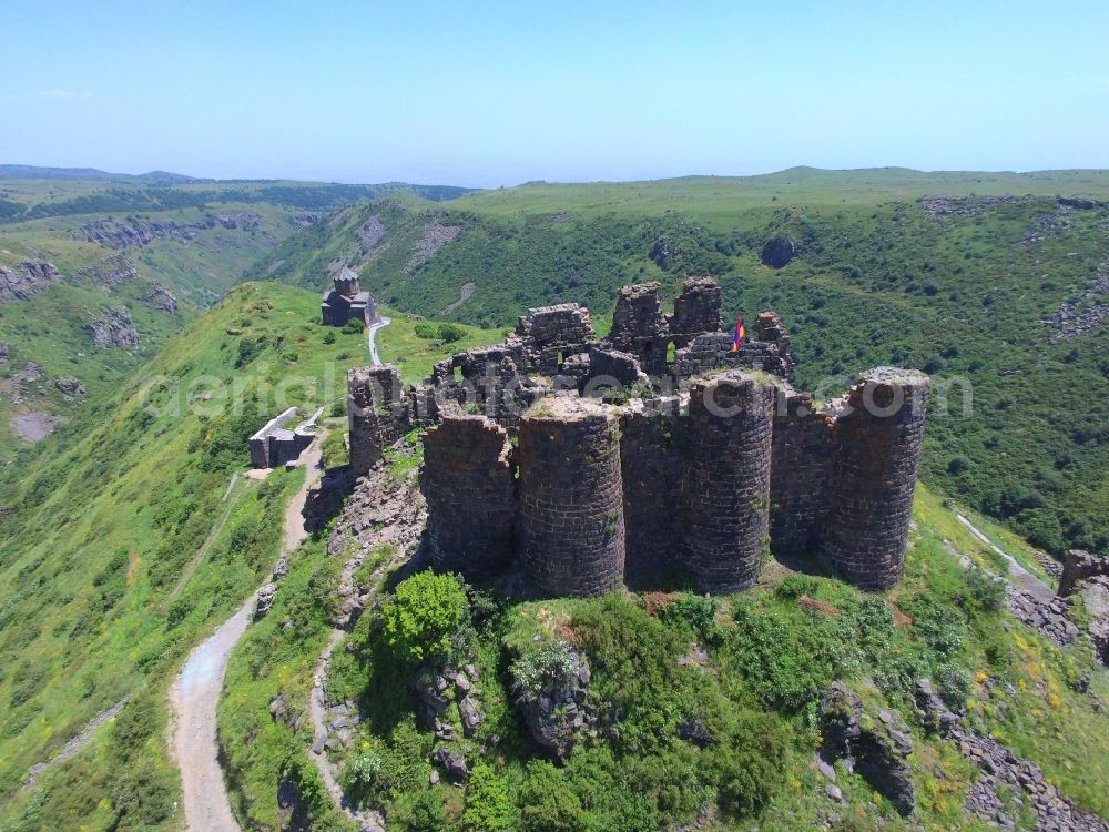 Aerial image Amberd - Ruins and vestiges of the former castle and fortress Amberd in Amberd in Aragatsotn Province, Armenia