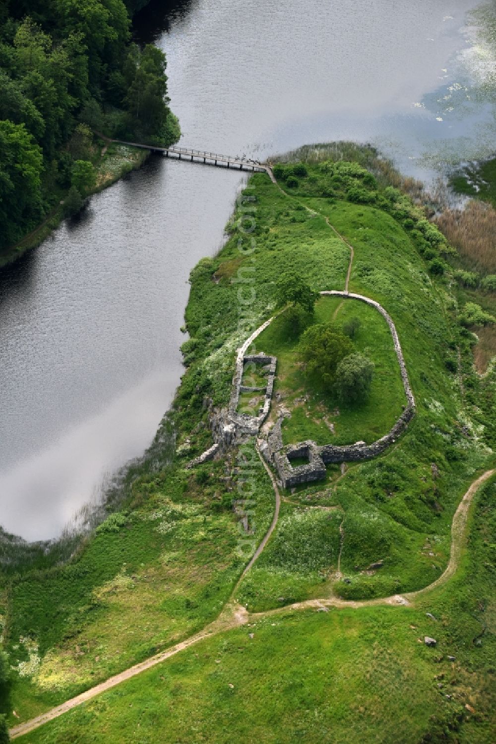 Bornholm from above - Ruins and vestiges of the former castle and fortress in Bornholm in Region Hovedstaden, Denmark