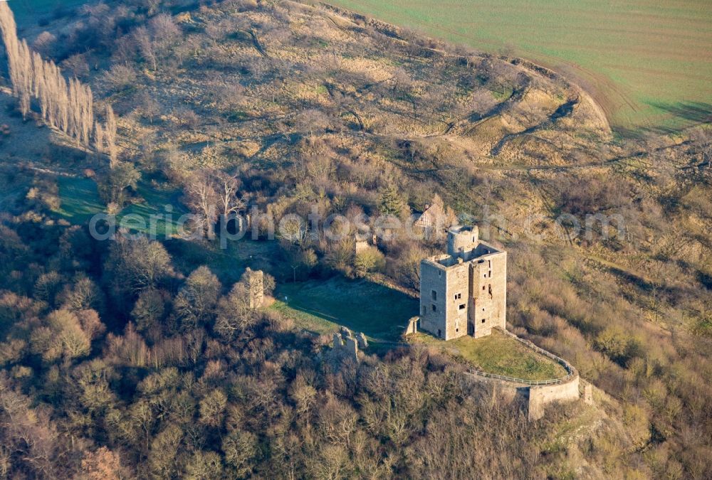 Harkerode from the bird's eye view: Ruins and vestiges of the former castle and fortress Burg Arnstein in Harkerode in the state Saxony-Anhalt, Germany