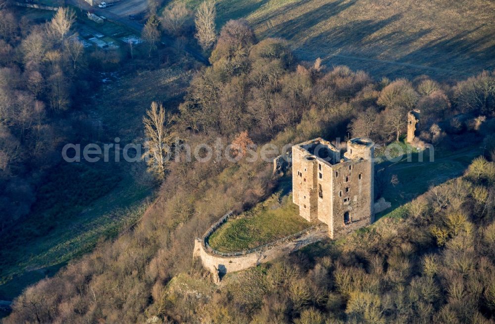 Aerial image Harkerode - Ruins and vestiges of the former castle and fortress Burg Arnstein in Harkerode in the state Saxony-Anhalt, Germany