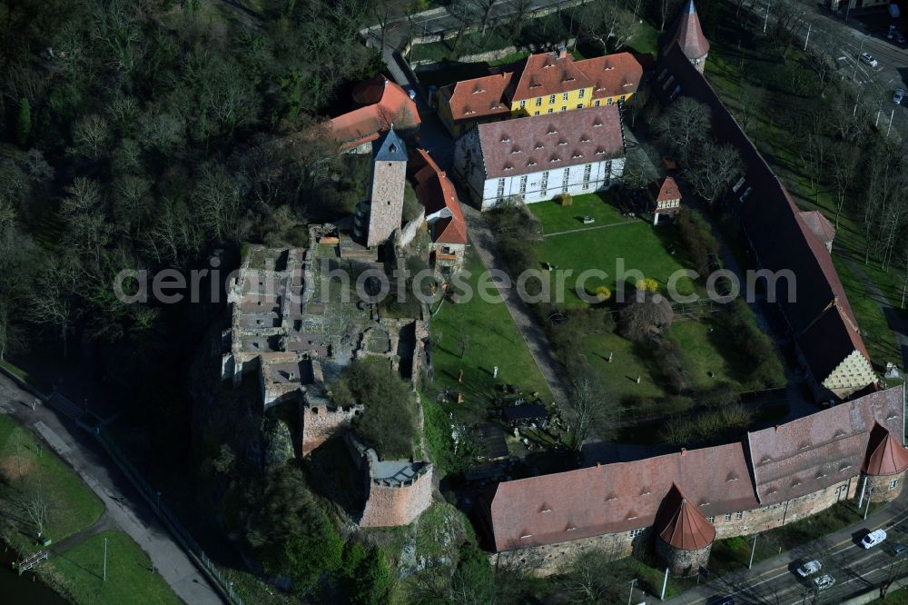 Halle (Saale) from above - Ruins and vestiges of the former castle and fortress Burg Giebichenstein on Seebener Strasse in the district Stadtbezirk Nord in Halle (Saale) in the state Saxony-Anhalt