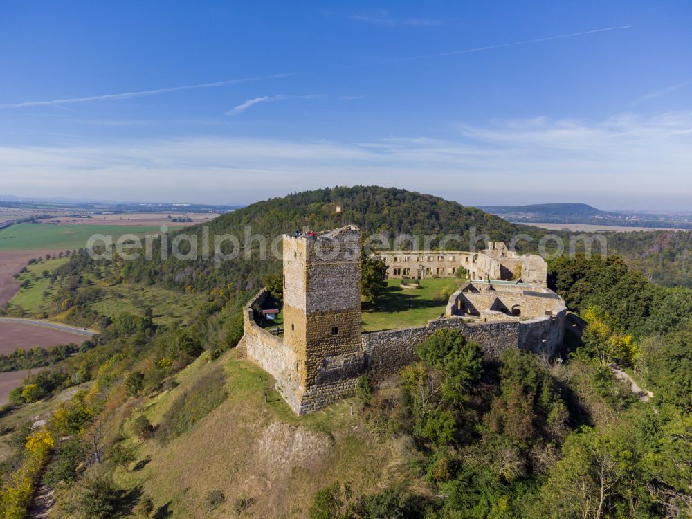 Drei Gleichen from above - Ruins and vestiges of the former castle and fortress Burg Gleichen on Thomas-Muentzer-Strasse in the district Wandersleben in Drei Gleichen in the state Thuringia, Germany