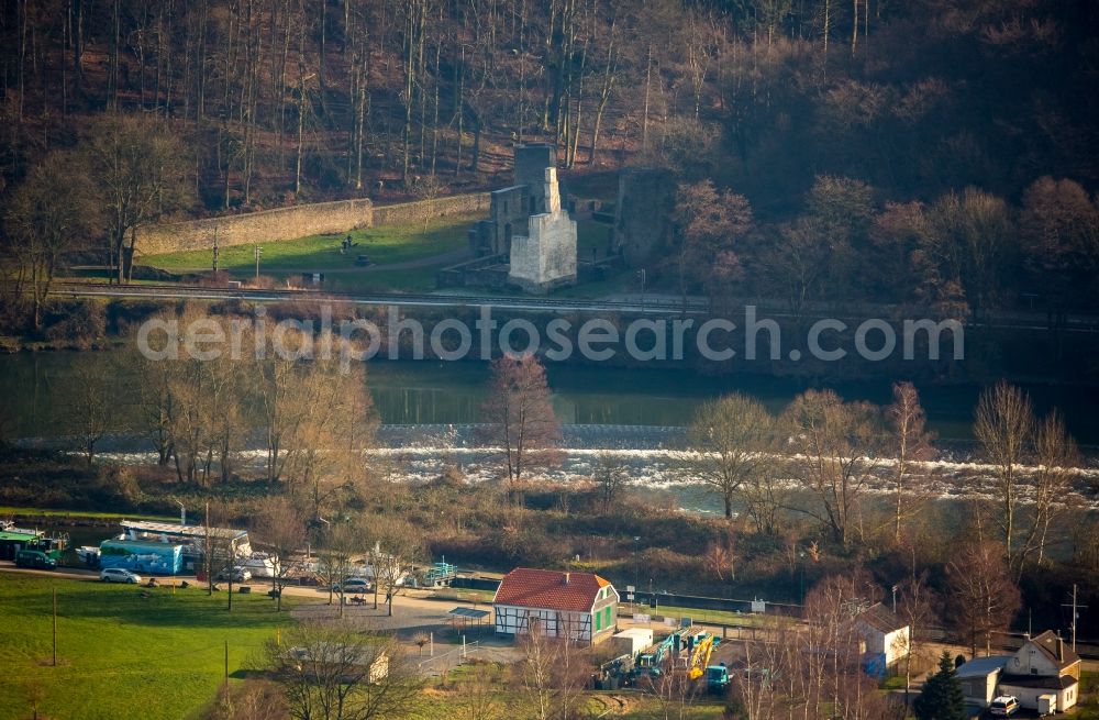 Bochum from the bird's eye view: Ruins and vestiges of the former castle and fortress Burg Hardenstein on the riverbank of the river Ruhr in Witten in the state North Rhine-Westphalia