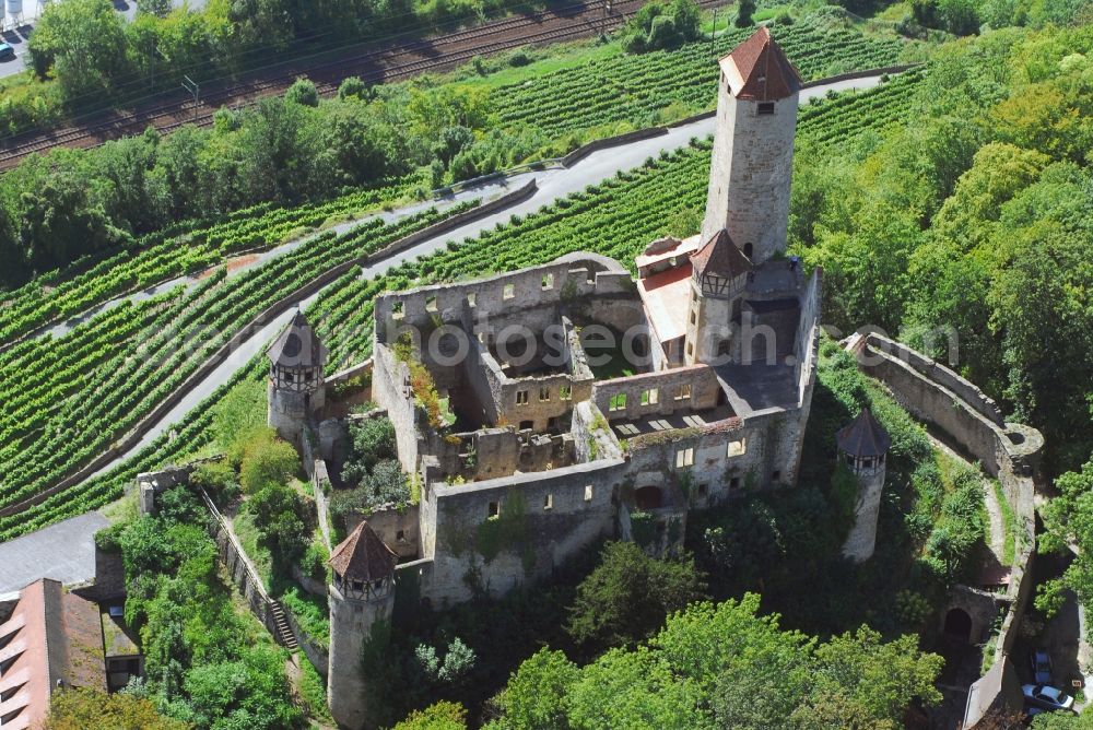 Aerial image Neckarzimmern - Ruins and vestiges of the former castle and fortress Burg Hornberg in Neckarzimmern in the state Baden-Wuerttemberg, Germany