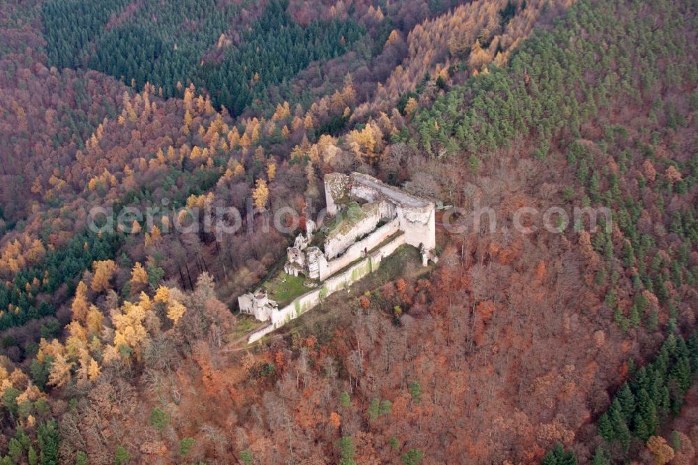 Dernbach from the bird's eye view: Ruins and vestiges of the former castle and fortress Burg Neuscharfeneck in Dernbach in the state Rhineland-Palatinate