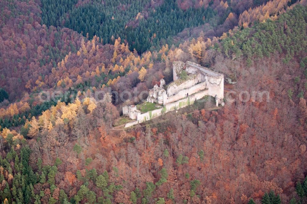 Flemlingen from the bird's eye view: Ruins and vestiges of the former castle and fortress castle Neuscharfeneck in autumn - indian summer in Flemlingen in the state Rhineland-Palatinate