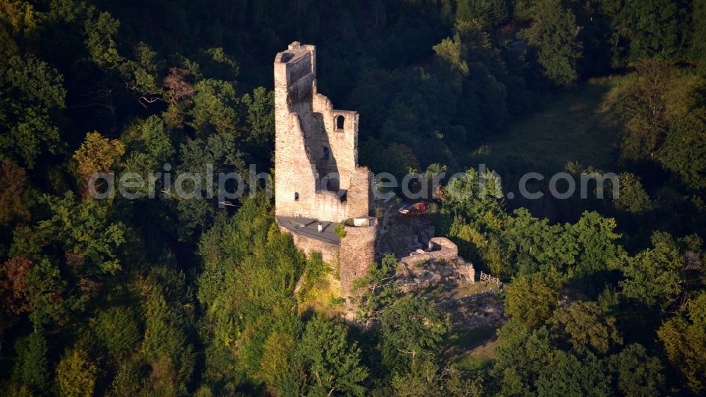 Puderbach from above - Ruins and vestiges of the former castle and fortress Burg Reichenstein in Westerwald in Puderbach in the state Rhineland-Palatinate, Germany