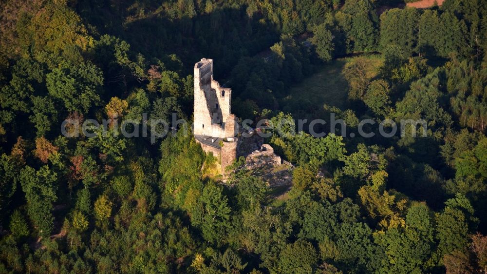 Puderbach from the bird's eye view: Ruins and vestiges of the former castle and fortress Burg Reichenstein in Westerwald in Puderbach in the state Rhineland-Palatinate, Germany