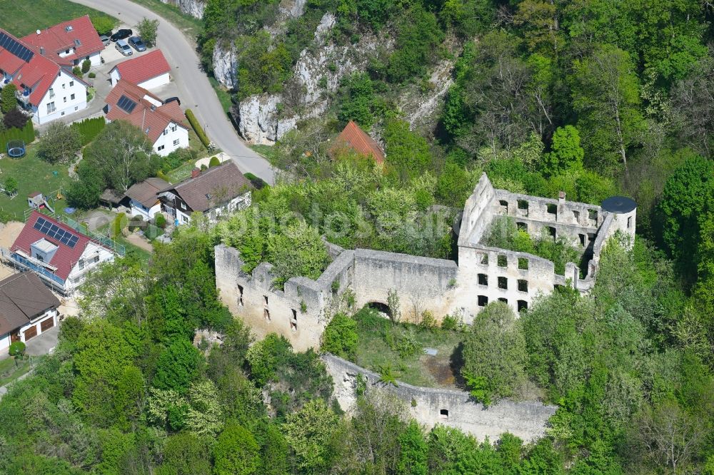 Aerial image Hayingen - Ruins and vestiges of the former castle and fortress Burg Schuelzburg in Hayingen in the state Baden-Wuerttemberg, Germany