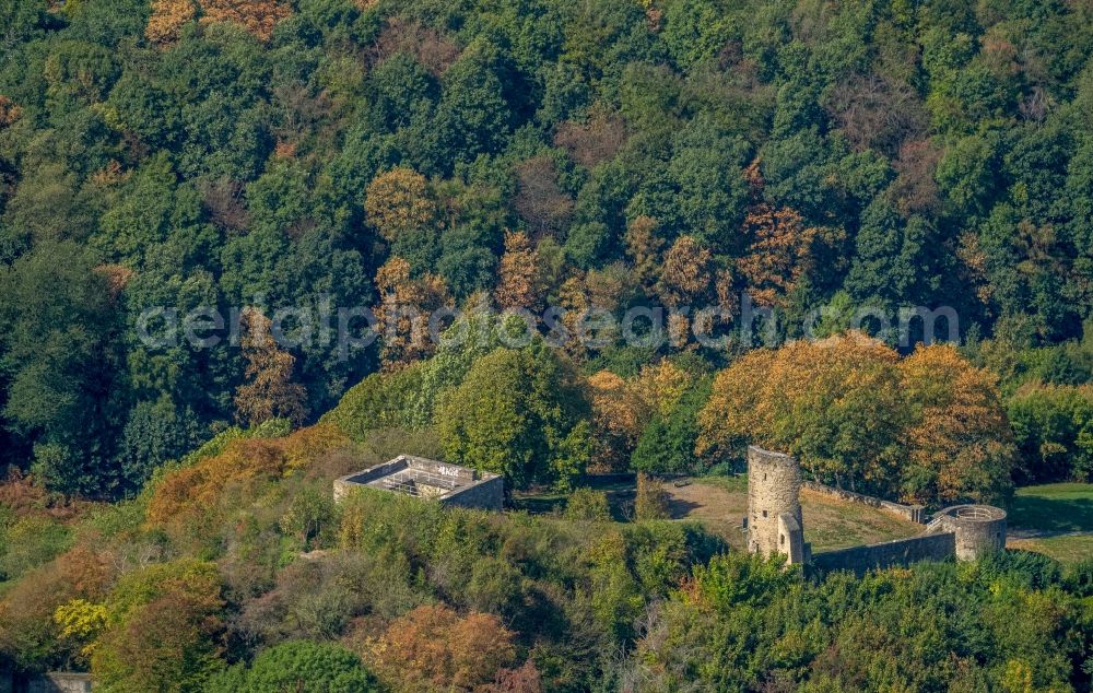 Wetter (Ruhr) from above - Ruins and vestiges of the former castle and fortress Burgruine Burg Volmarstein in Wetter (Ruhr) in the state North Rhine-Westphalia, Germany