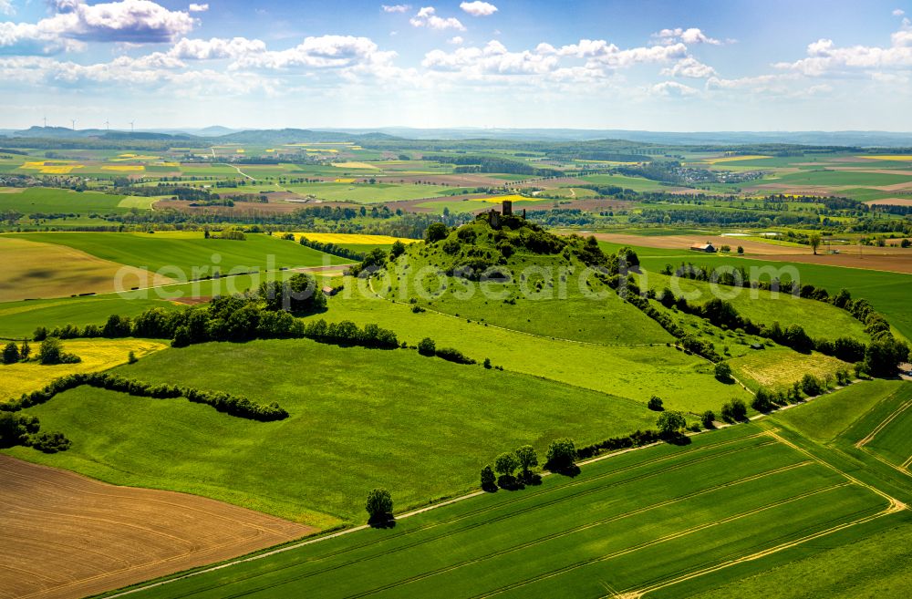 Warburg from above - ruins and vestiges of the former castle and fortress Burgruine Desenberg in Warburg in the state North Rhine-Westphalia, Germany