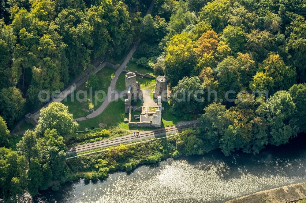 Aerial photograph Witten - Ruins and vestiges of the former castle and fortress Burgruine Hardenstein in the district Herbede in Witten in the state North Rhine-Westphalia, Germany